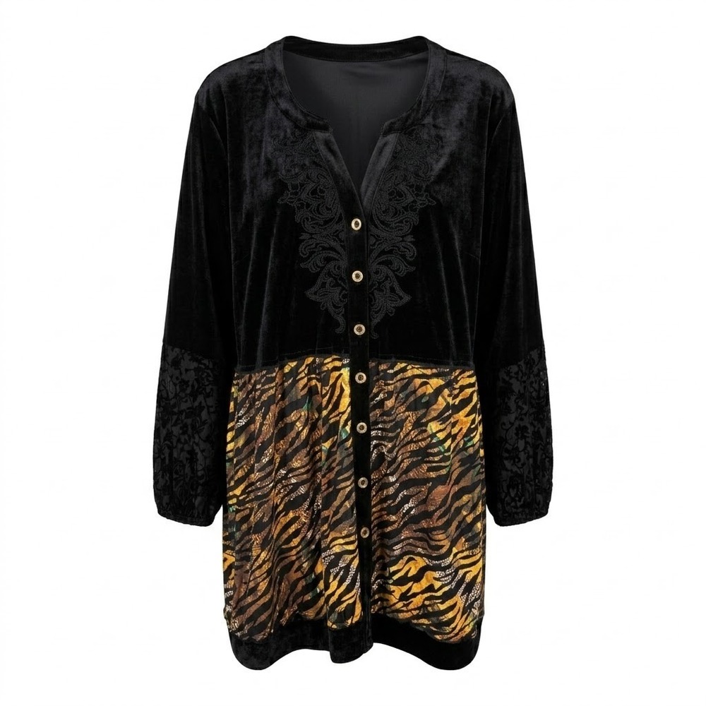 NEW Calessa Womens 1X Black Velvet Animal Tunic Blouse Embroidered